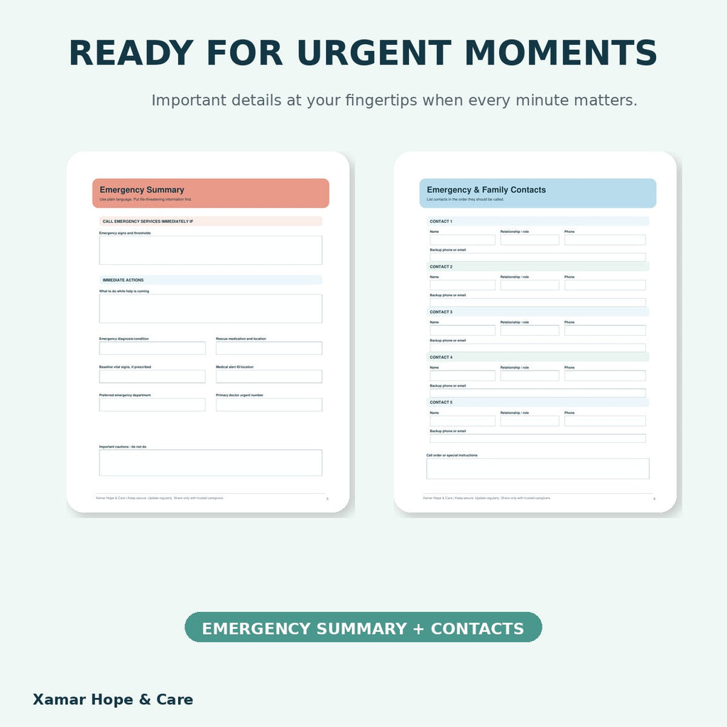 Emergency and Caregiver Binder emergency information pages