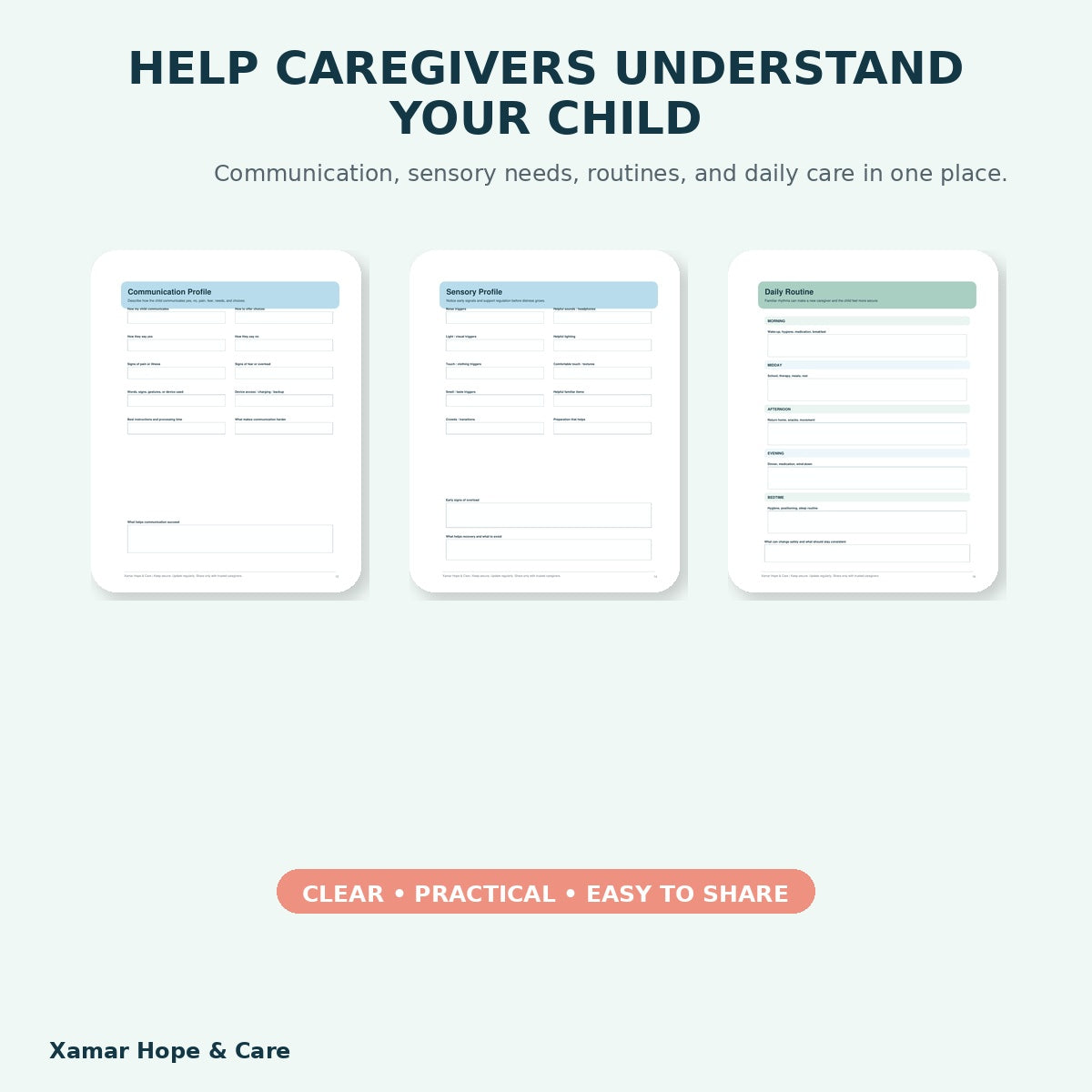 Emergency and Caregiver Binder communication and daily routine pages