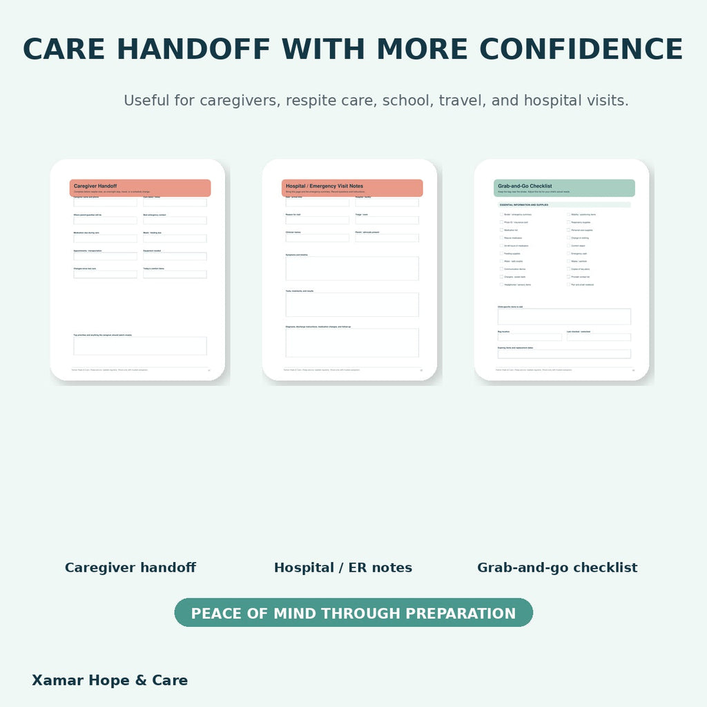 Emergency and Caregiver Binder caregiver handoff and grab-and-go pages