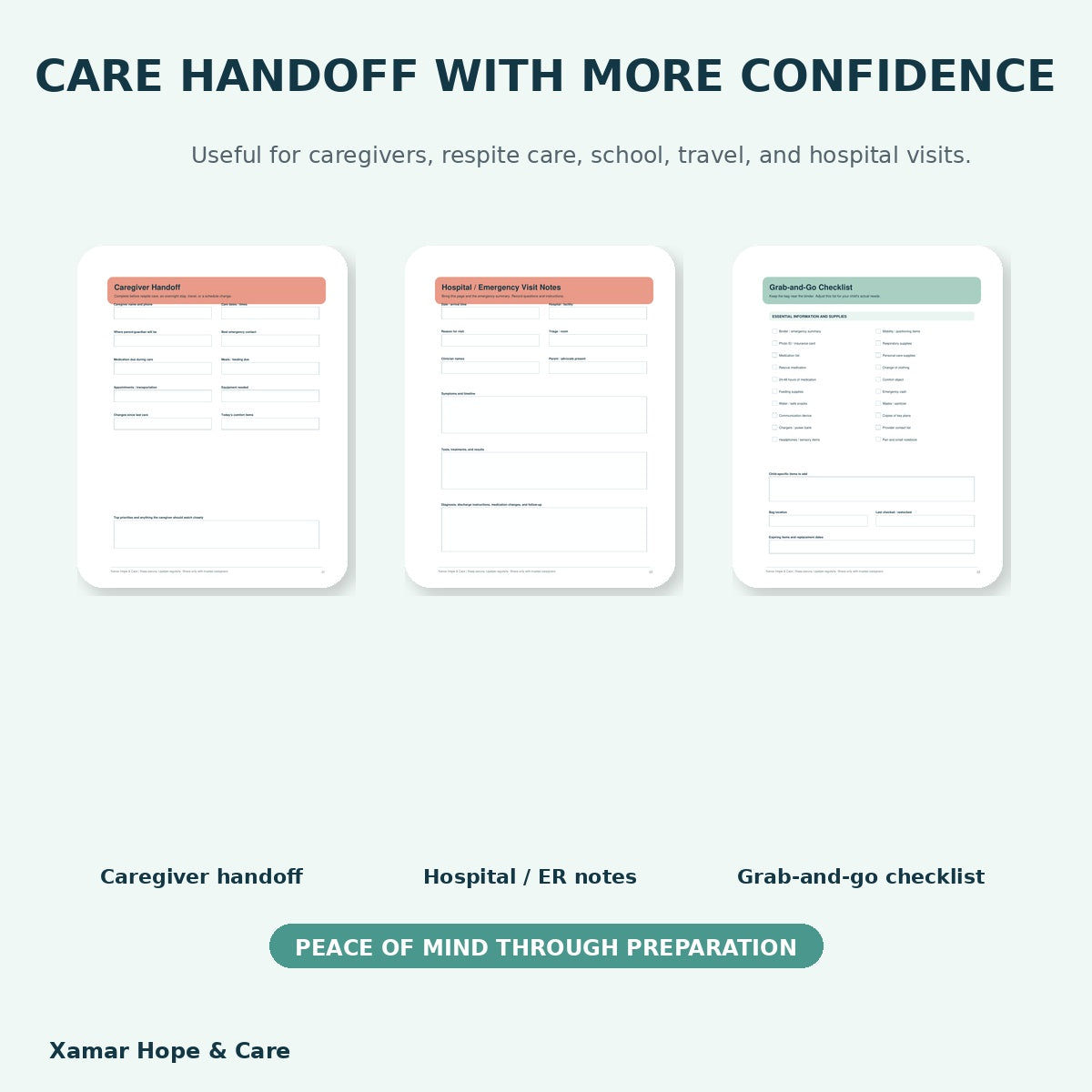 Emergency and Caregiver Binder caregiver handoff and grab-and-go pages