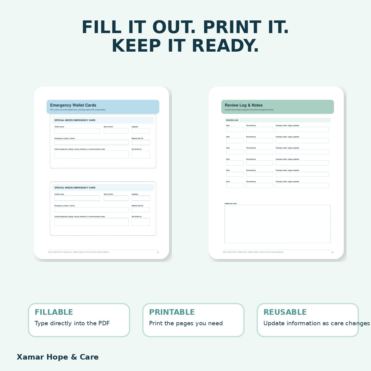 Emergency and Caregiver Binder fillable printable instant digital download