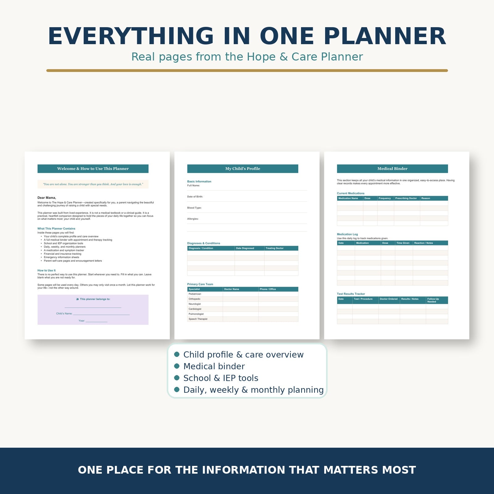 The Hope and Care Planner contents and organizer sections