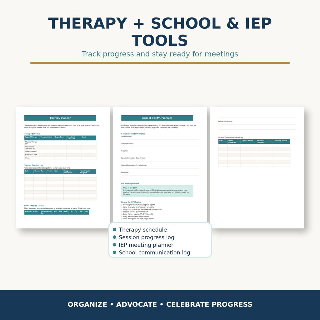 The Hope and Care Planner therapy and school IEP organizer pages