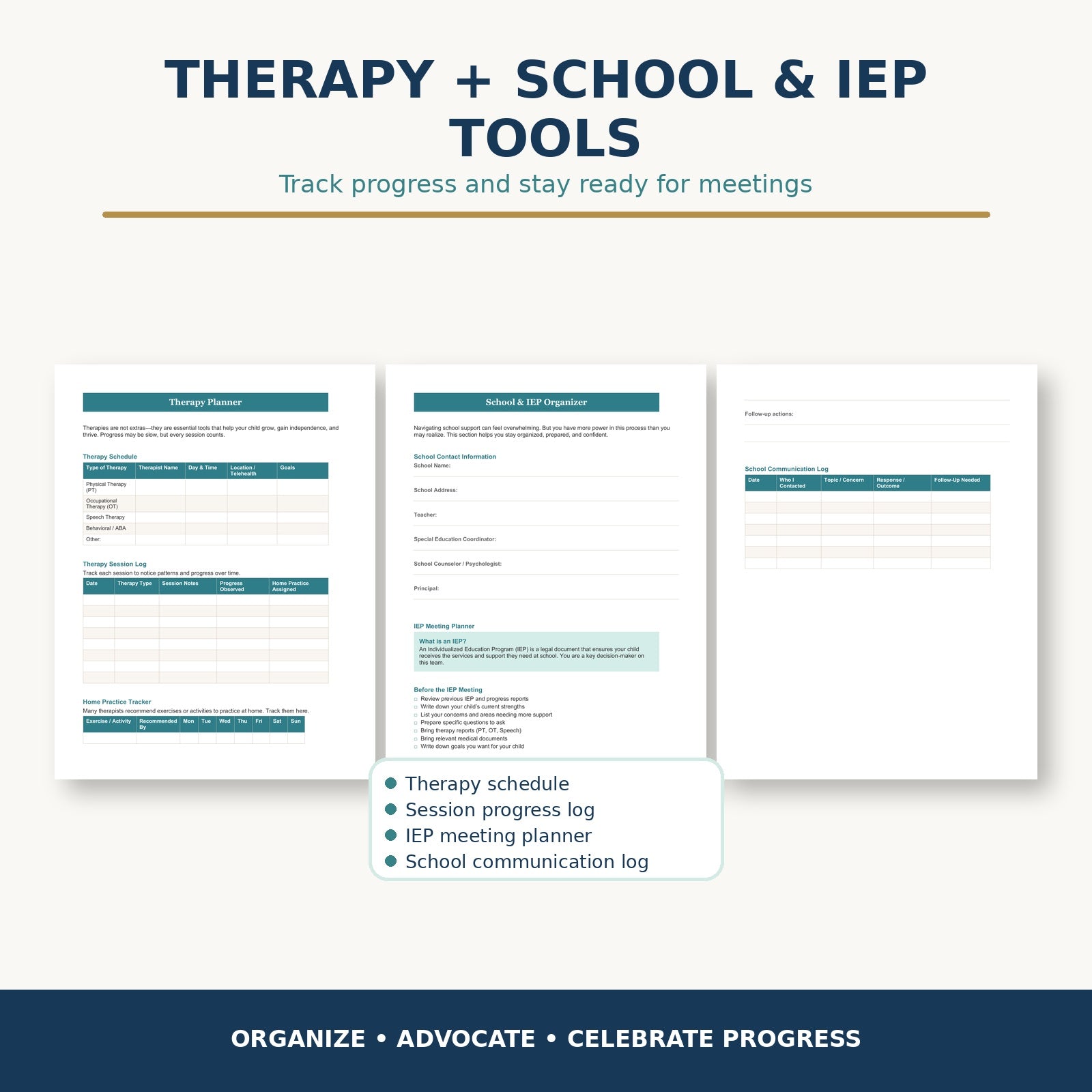 The Hope and Care Planner therapy and school IEP organizer pages