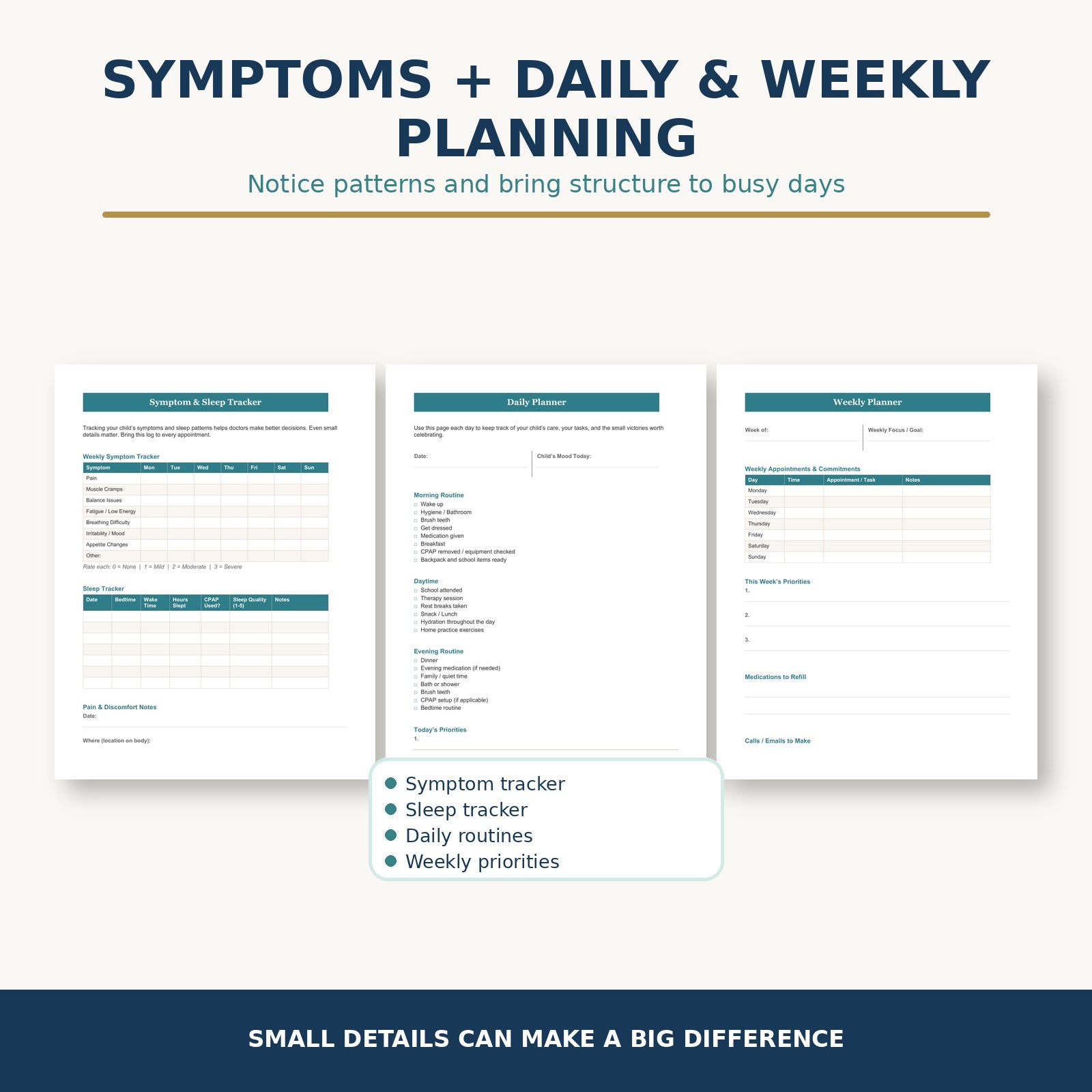 The Hope and Care Planner symptom sleep daily and weekly planning pages