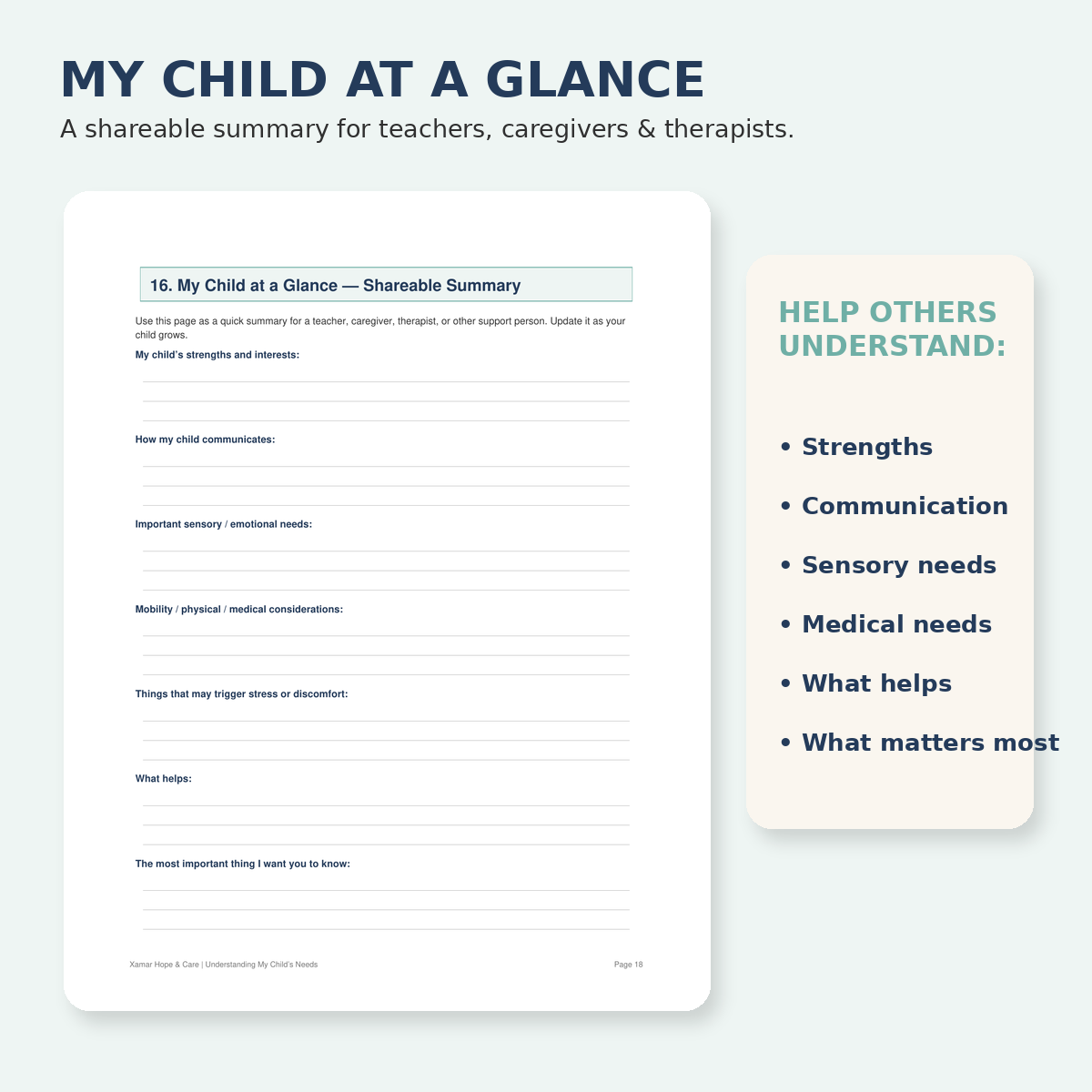 My Child at a Glance shareable summary page for teachers caregivers and therapists