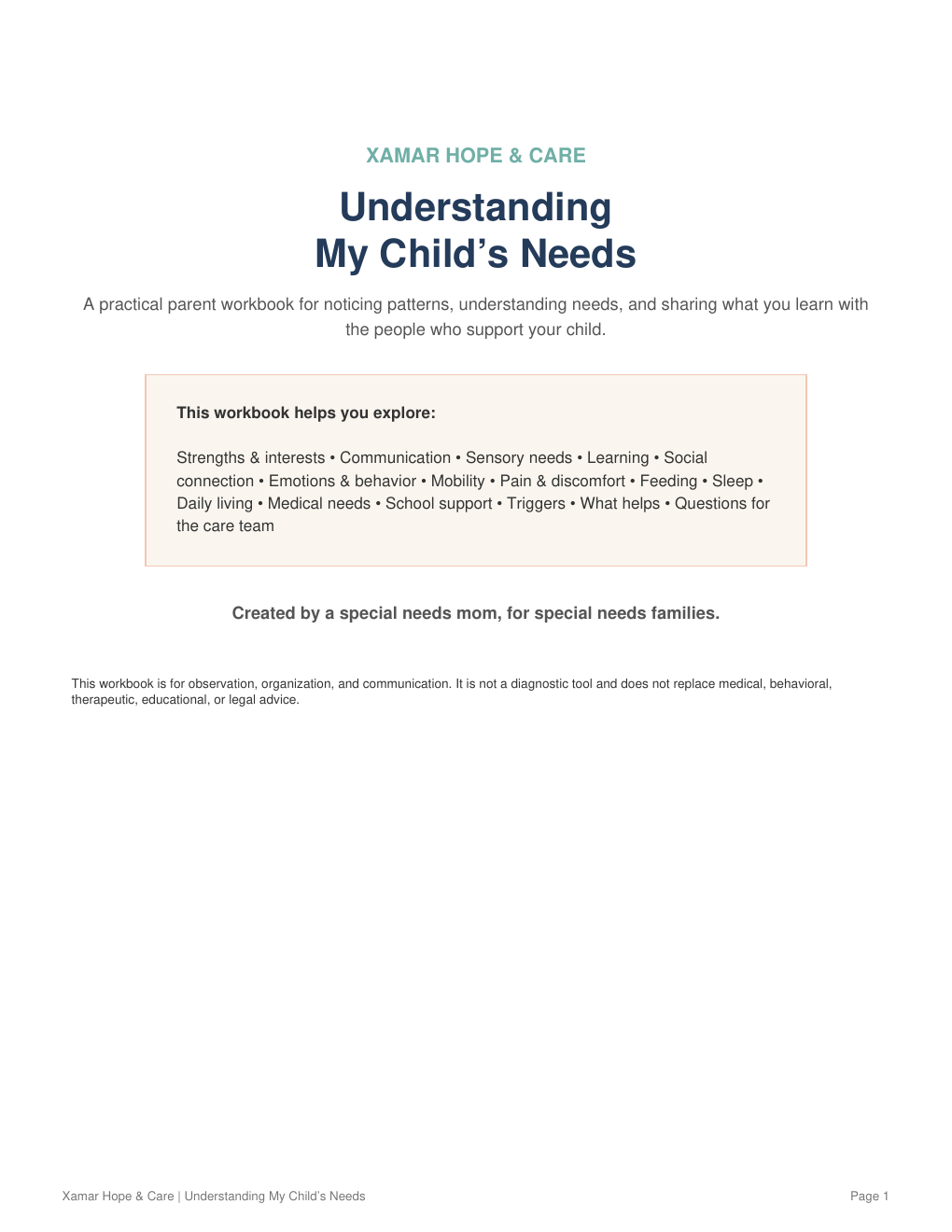 Understanding My Child's Needs practical parent workbook by Xamar Hope and Care