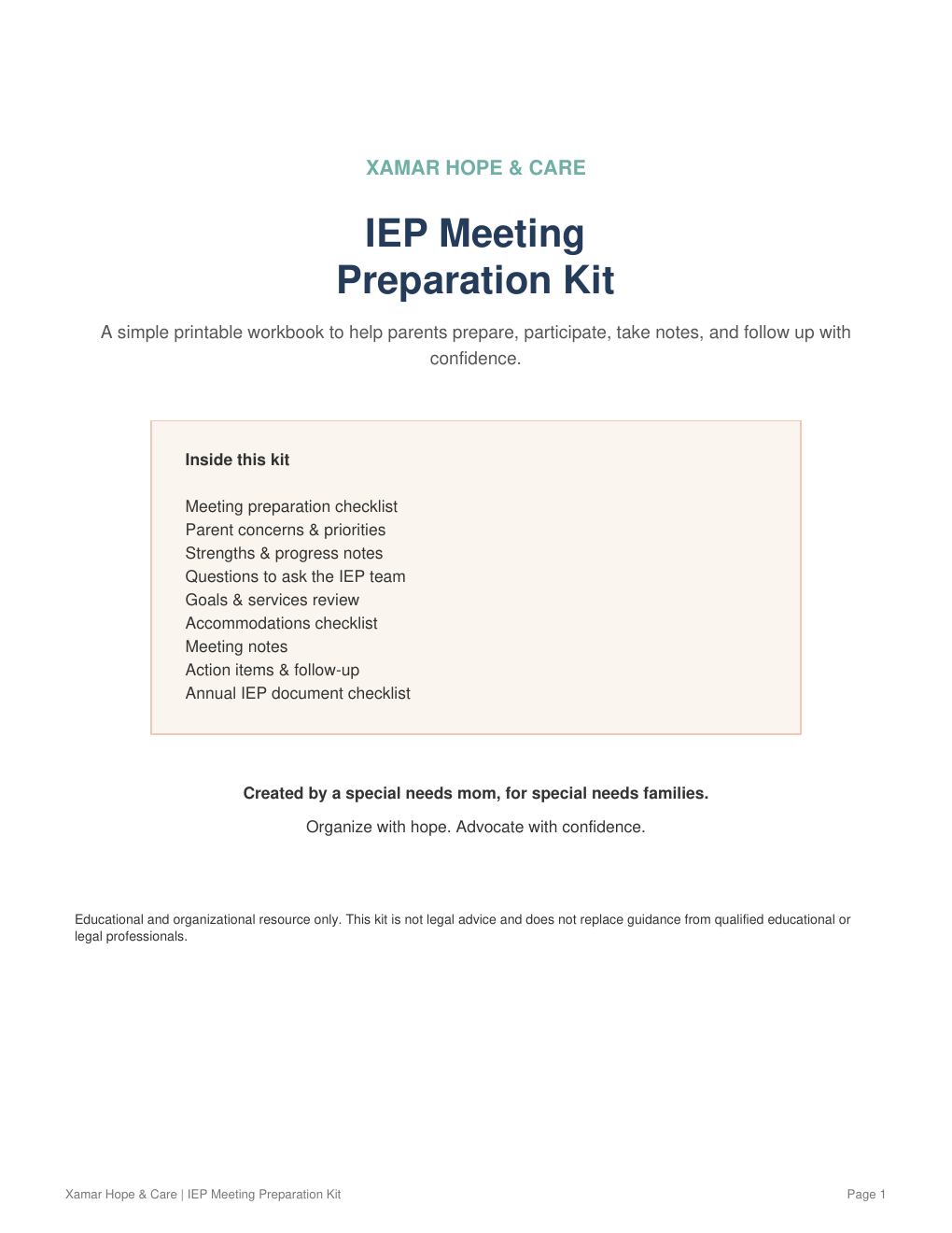 Xamar Hope and Care IEP Meeting Preparation Kit printable parent workbook